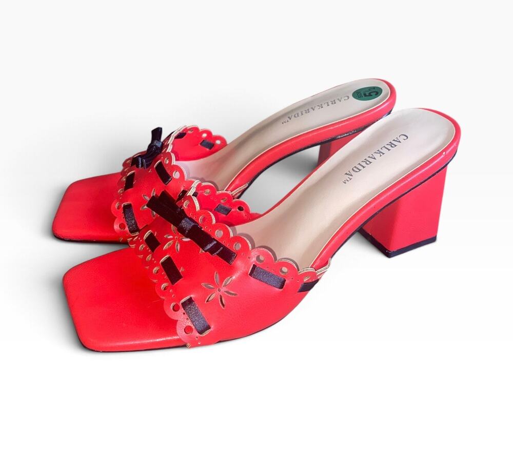 CarlKarida Red Block Heel Mule Sandals Women’s 5.5 Floral Cutout Ribbon Y2K